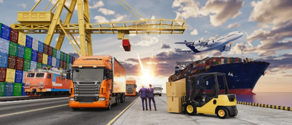 a man next to a truck and cargo container illustrates the process of ecommerce logistics.